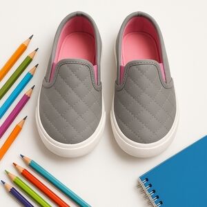 Girls Quilted Slip-On Sneakers | Gray Pink Comfort School Shoes Youth 2